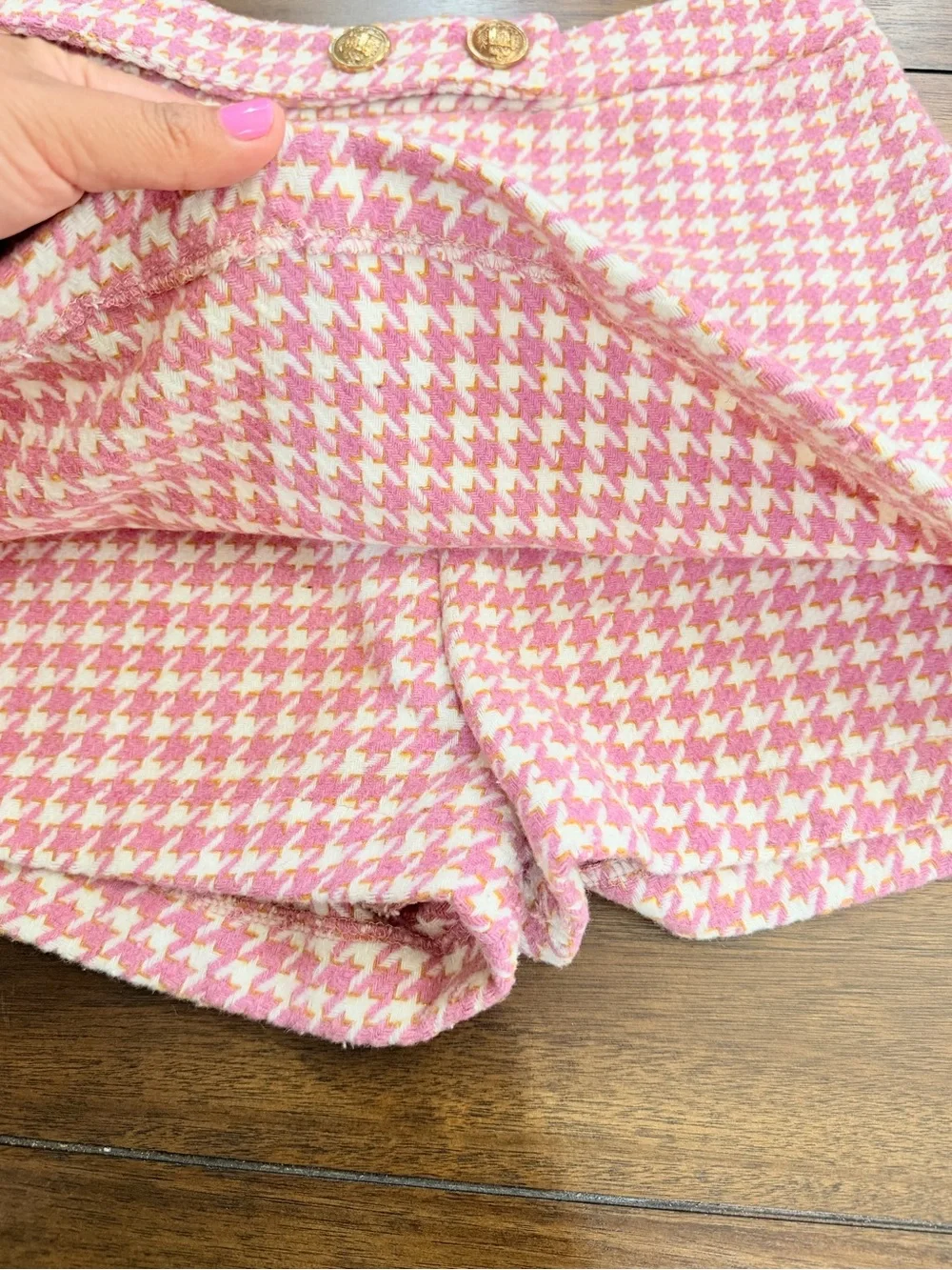 TCEC Pink Tweed Houndstooth Blazer Jacket & Skort Shorts Set Metallic Gold M